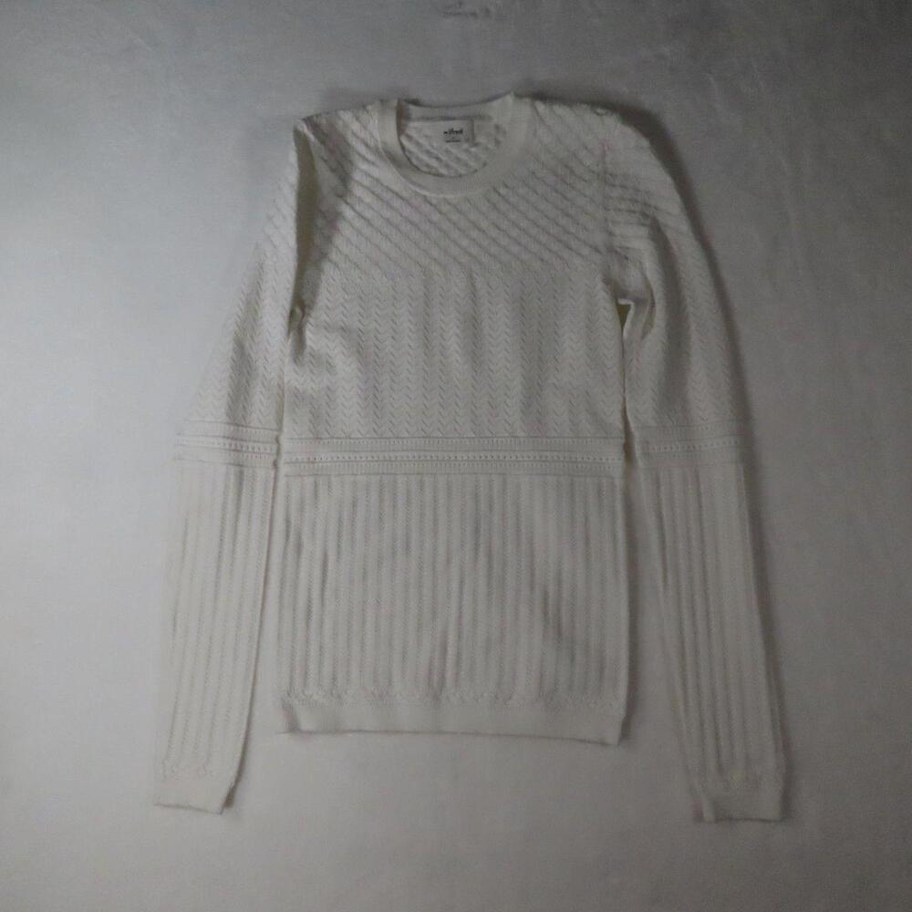 The Wilfred Aritzia White Pointelle Mixed Knit Sweater is a stylish and versatil